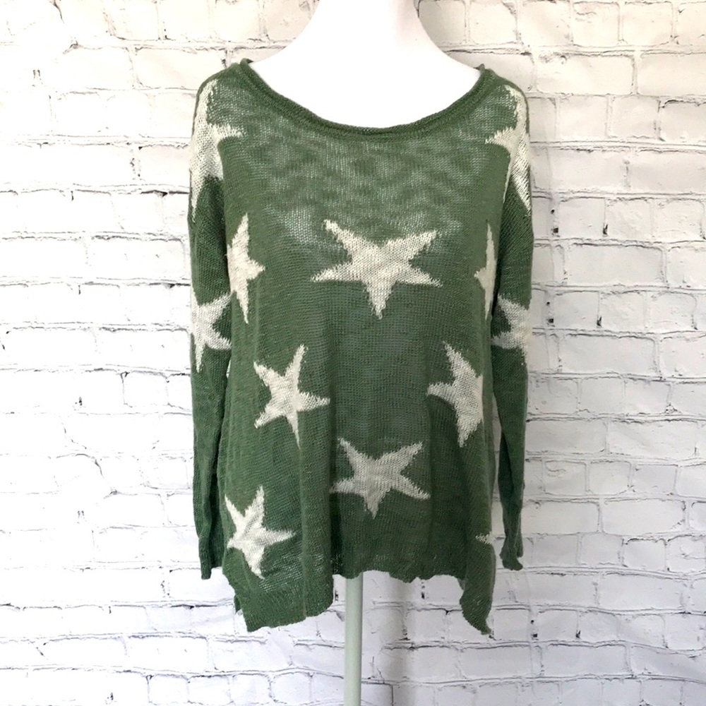 Green and white star slub-knit pullover sw…